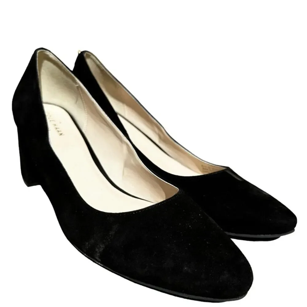 Cole Haan Claudine Classic Pump Shoes Round Toe Block Heel Suede Black 9.5B